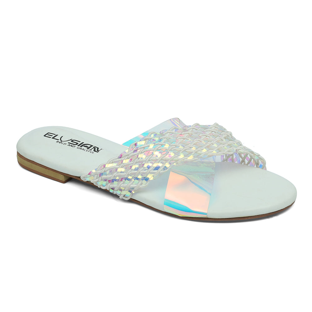 A pair of off-white slippers with a glittery surface, displaying the sole and a part of the upper surface.