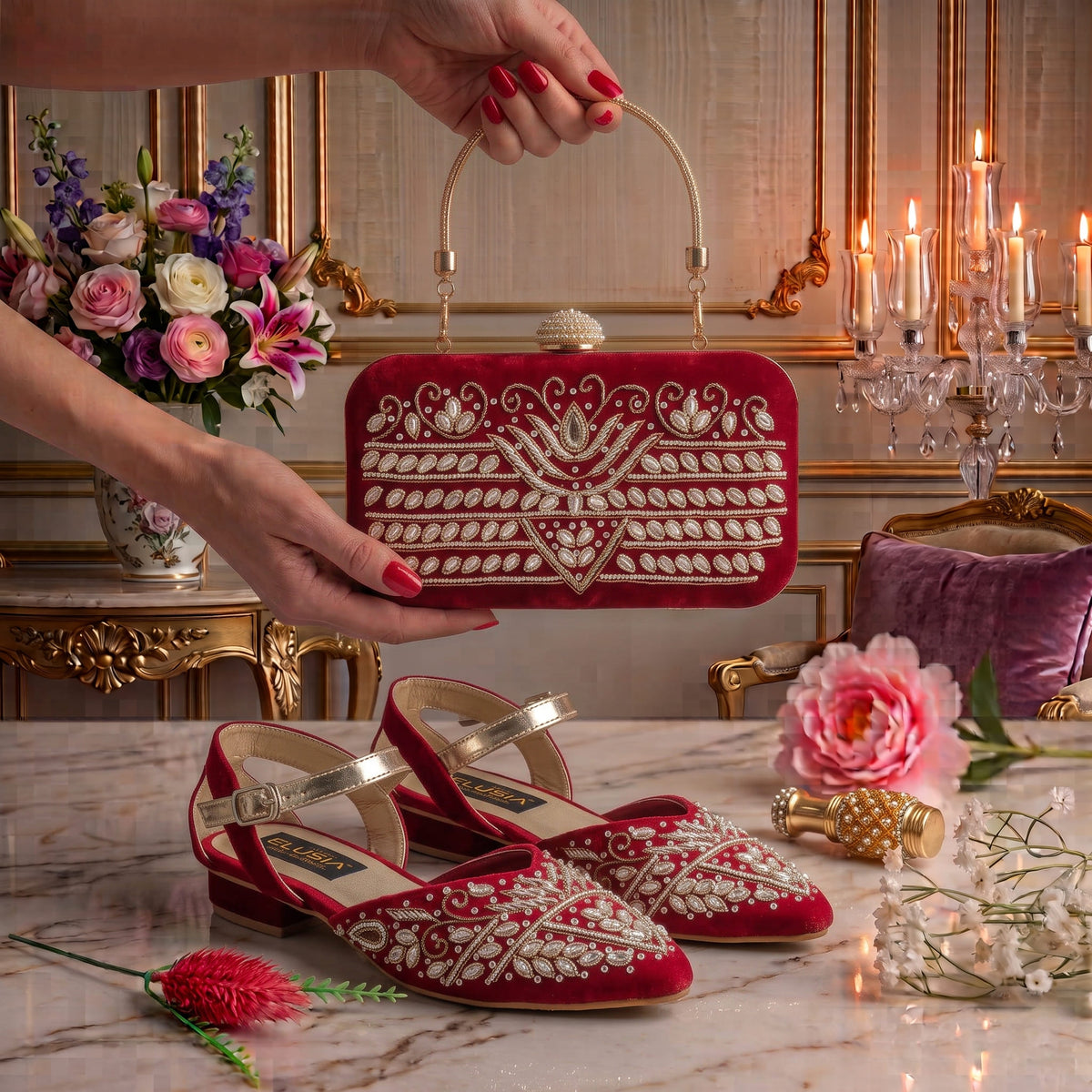 MLC6 - Red ( Clutch Both Side Embroidery )