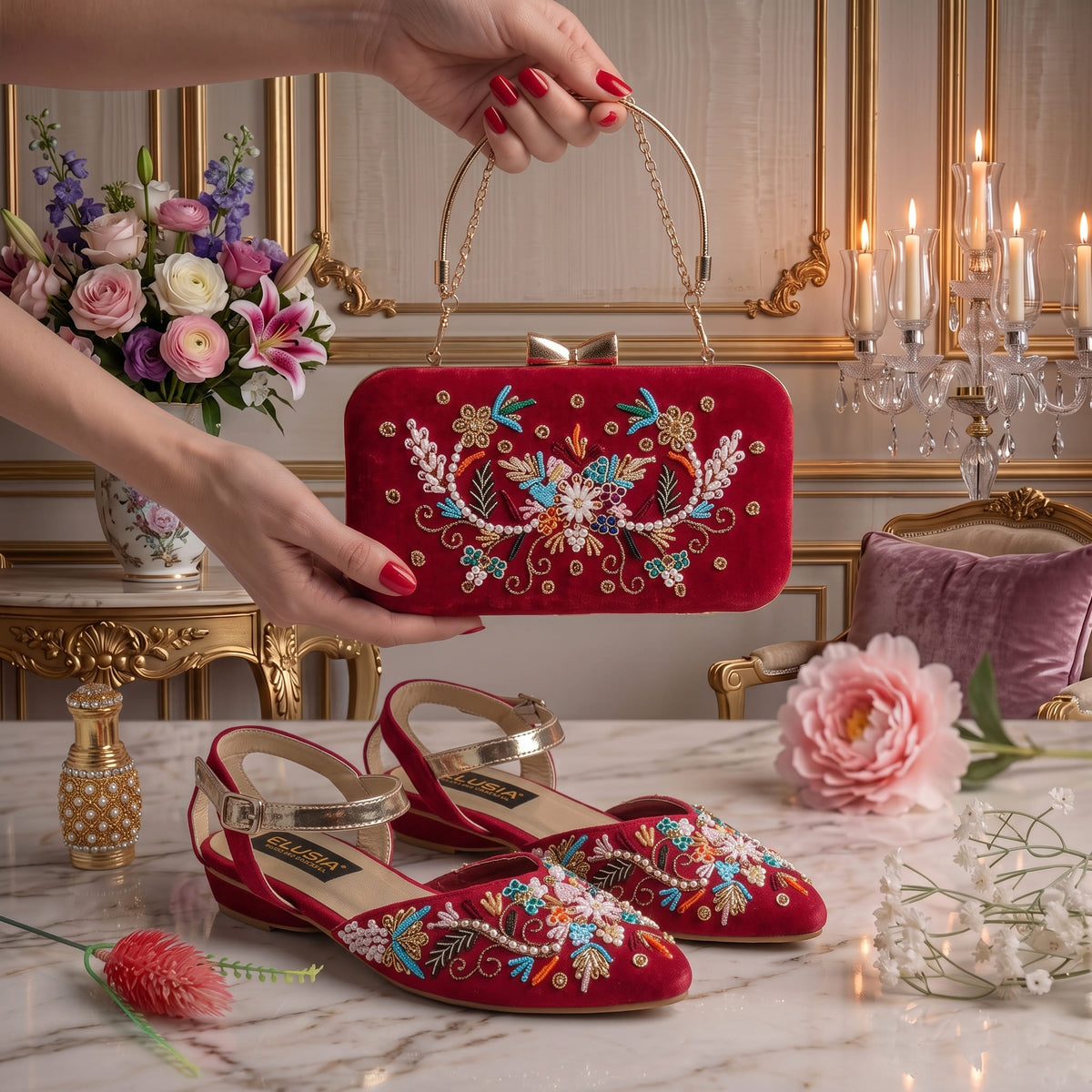 MLC14 - Red ( Clutch Both Side Embroidery )