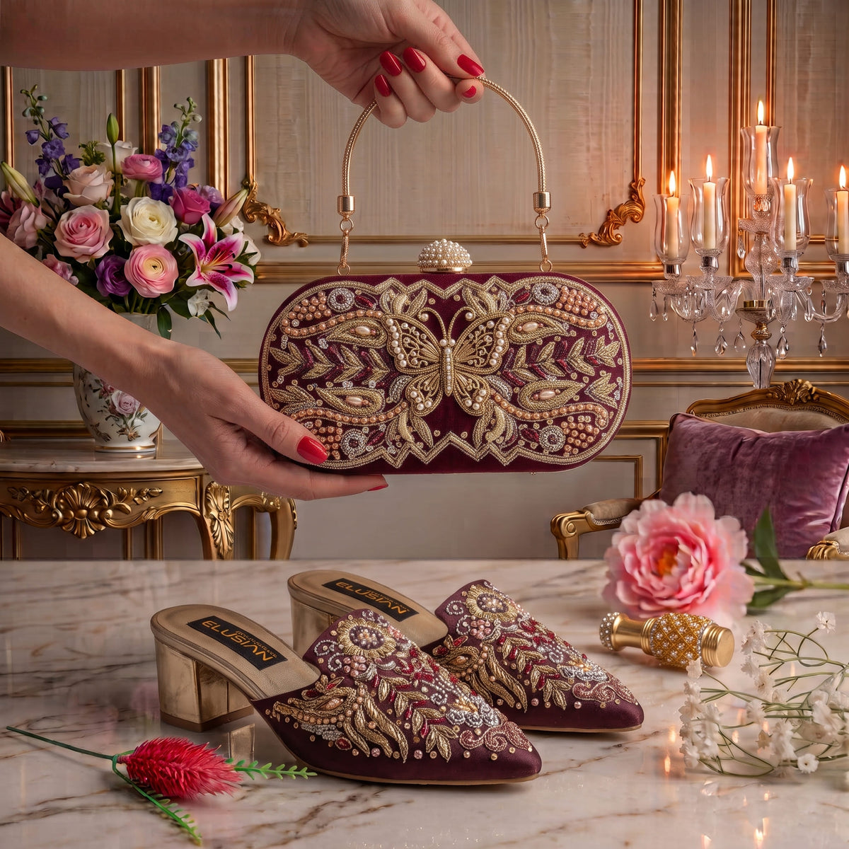MLC4 - Maroon ( Clutch Both Side Embroidery )