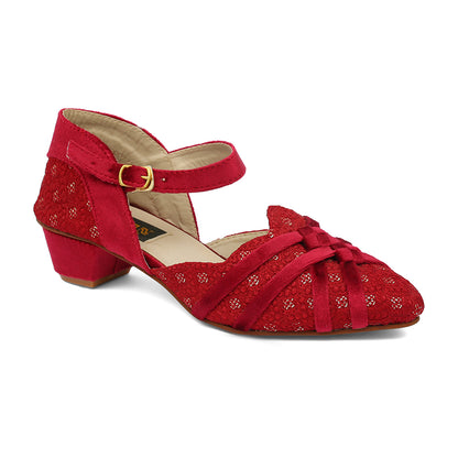 A red sandal with intricate patterns and a back strap