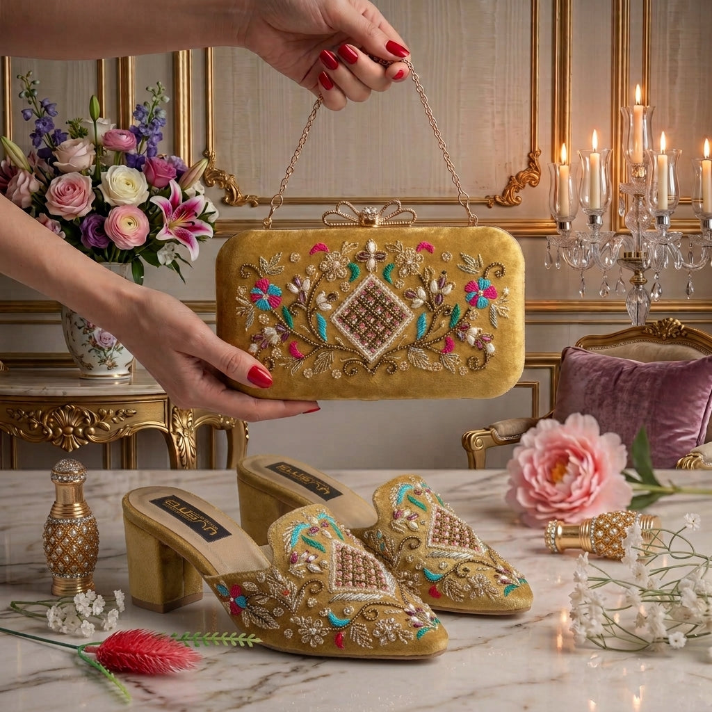 MLC7 - Golden ( Clutch Both Side Embroidery )
