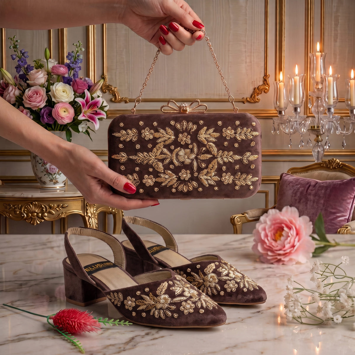 MLC3 - Brown ( Clutch Both Side Embroidery )